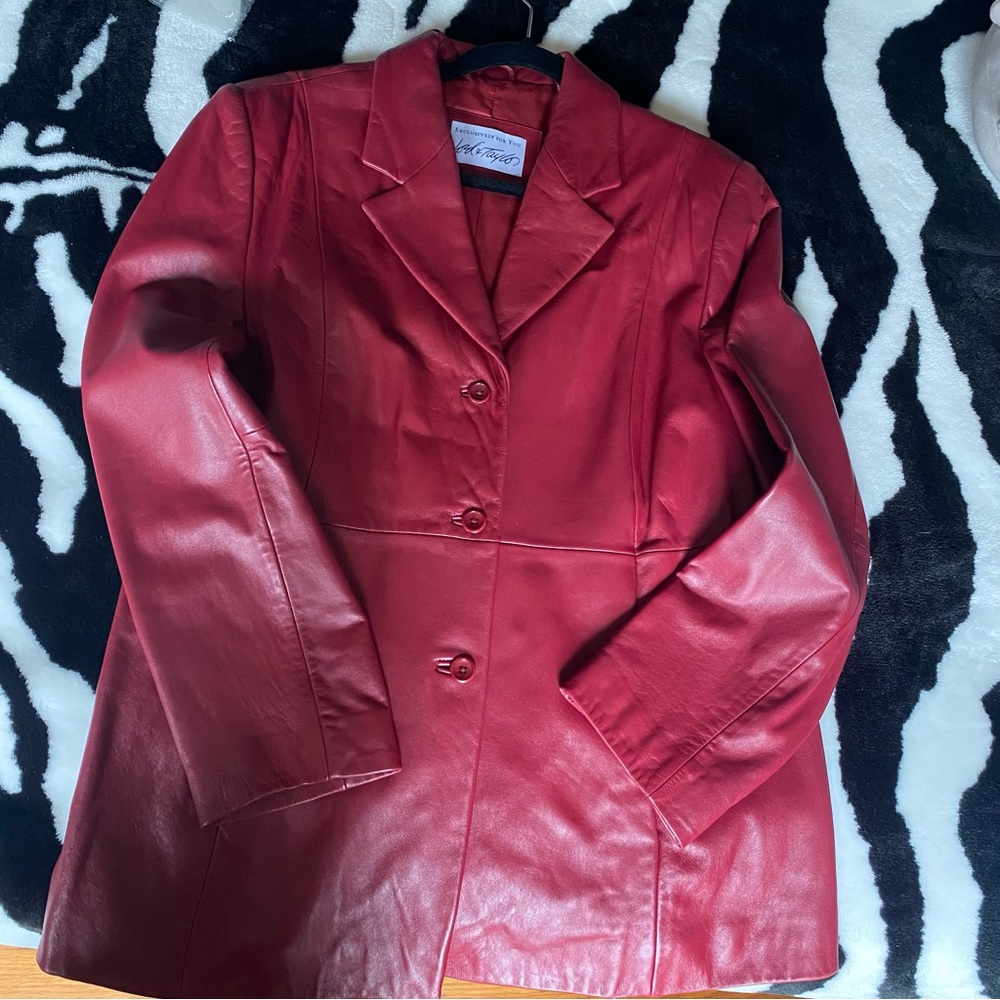 Vintage 90s Lord & Taylor Red Leather Blazer Jacket Women's size XL Button Close